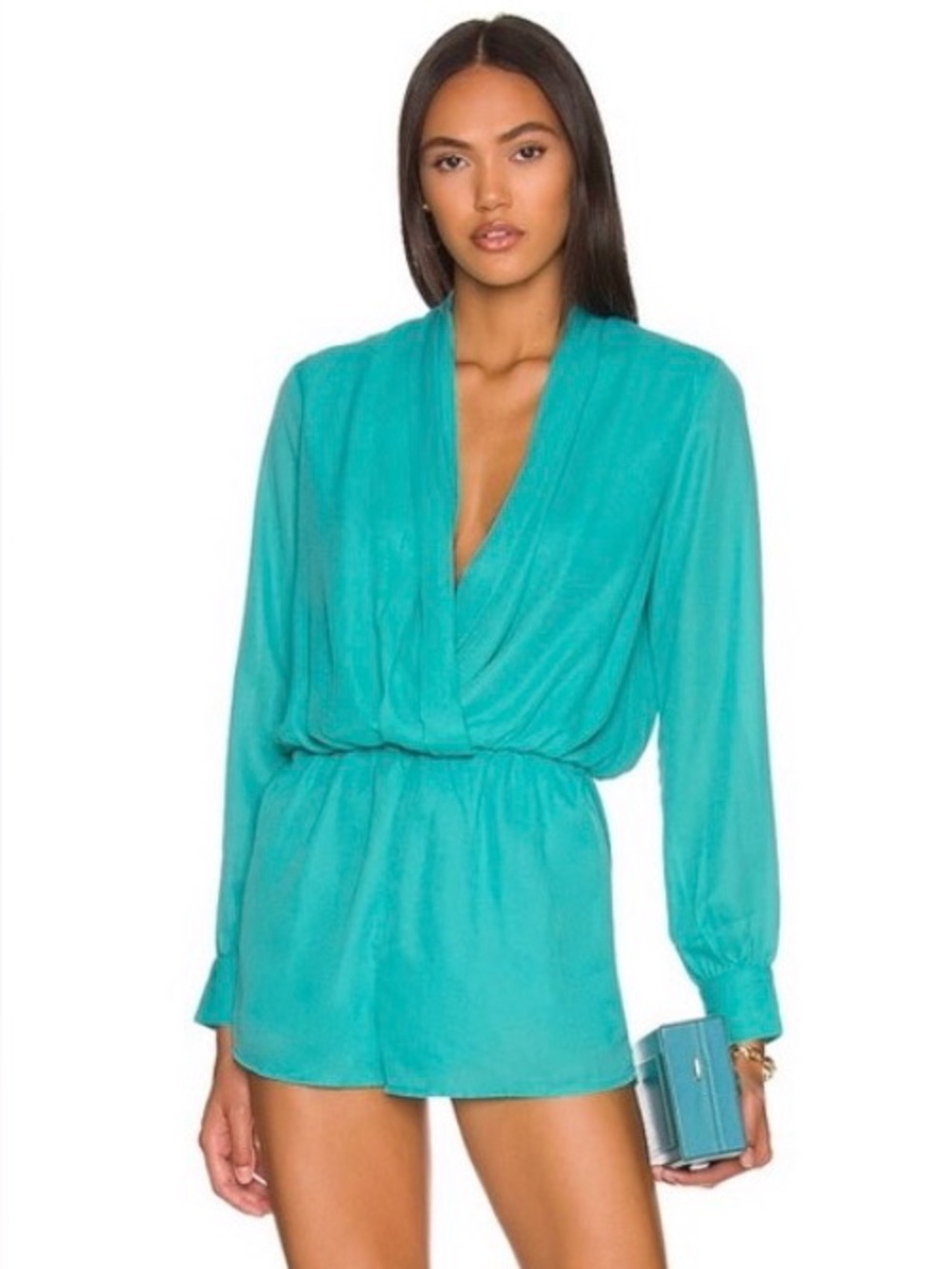 Superdown Kaycie Drape Neck Long Sleeve Romper Teal L